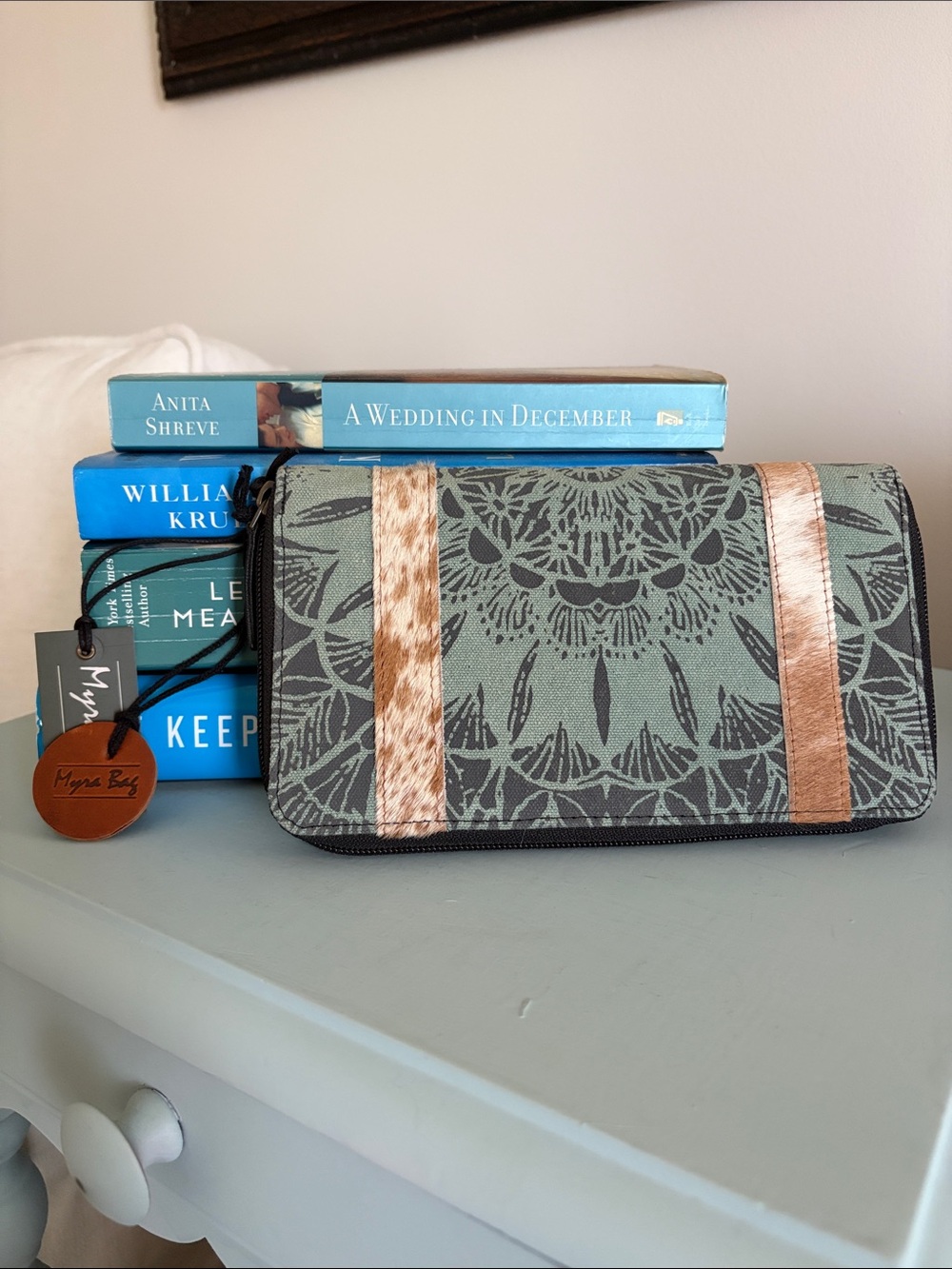 Myra Bag Sage Green Floral Zip Wallet with Tan Strips